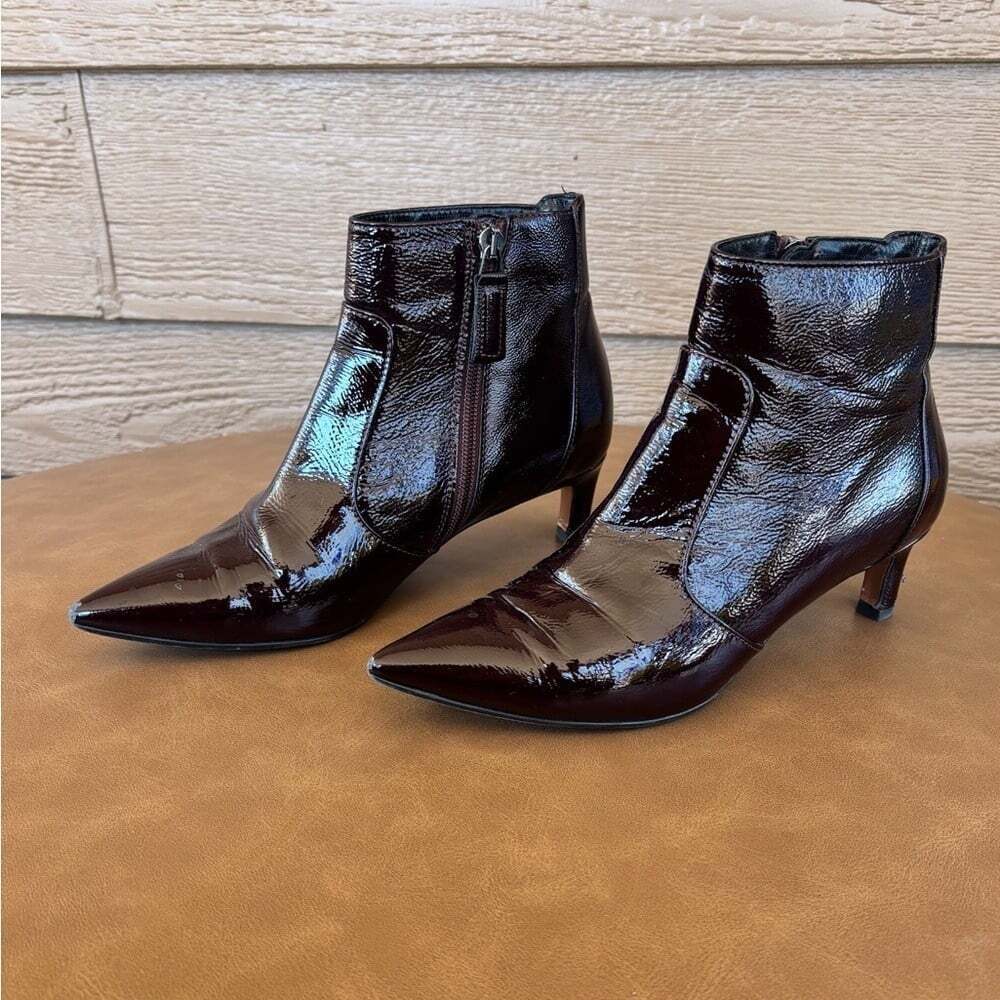 Aquatalia Patent Pointed-Toe Ankle Booties in Dark Wine Sz 7
